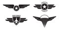 Military badge, army patch and insignia set with wings. Air and airforce emblems with eagle, star and plane. Vector illustration. Royalty Free Stock Photo